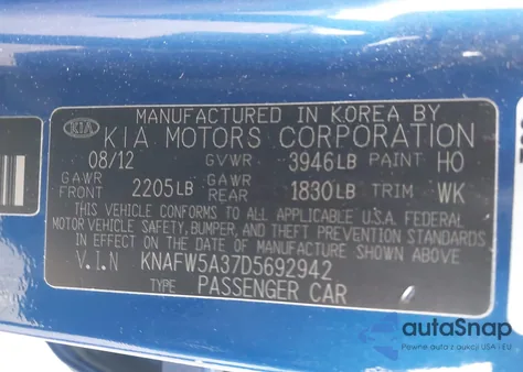 2013 Kia Forte Sx z USA, uszkodzony, nr VIN KNAFW5A37D5692942